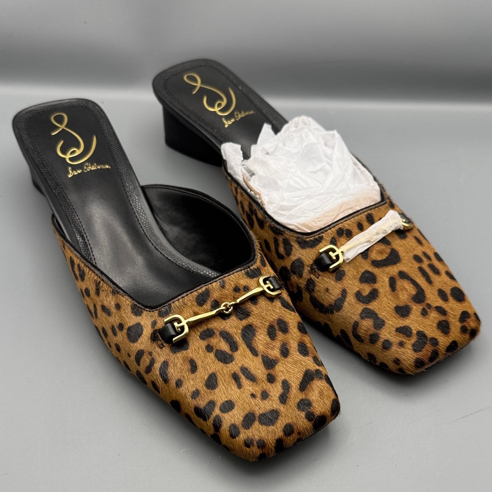 Sam Edelman Leopard Print Brown Haircalf Mule Slides with Gold Hardware